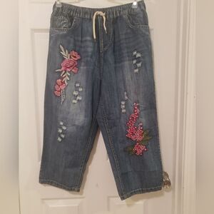 Floral Embroidered Women's Denim Capris Size XXL
